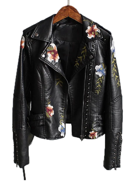 Ftlzz Women Floral Print Embroidery Faux Soft Leather Jacket Coat 4
