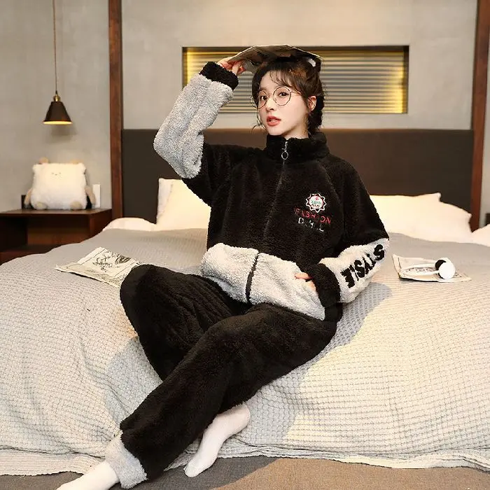 여성용 산호 양털 파자마, 두꺼운 양털 플란넬, 뚱뚱한 여분의 크기, 야외 착용 가능, 세트 라운지웨어, 가을 겨울