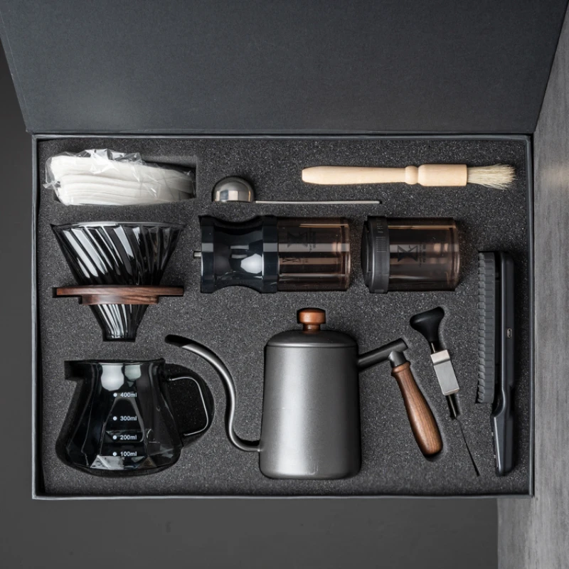 Coffee set Hand pot Gift box 304 stainless steel 580ml Glass coffee pot bean grinder Timing electronic scale Filter cup paper
