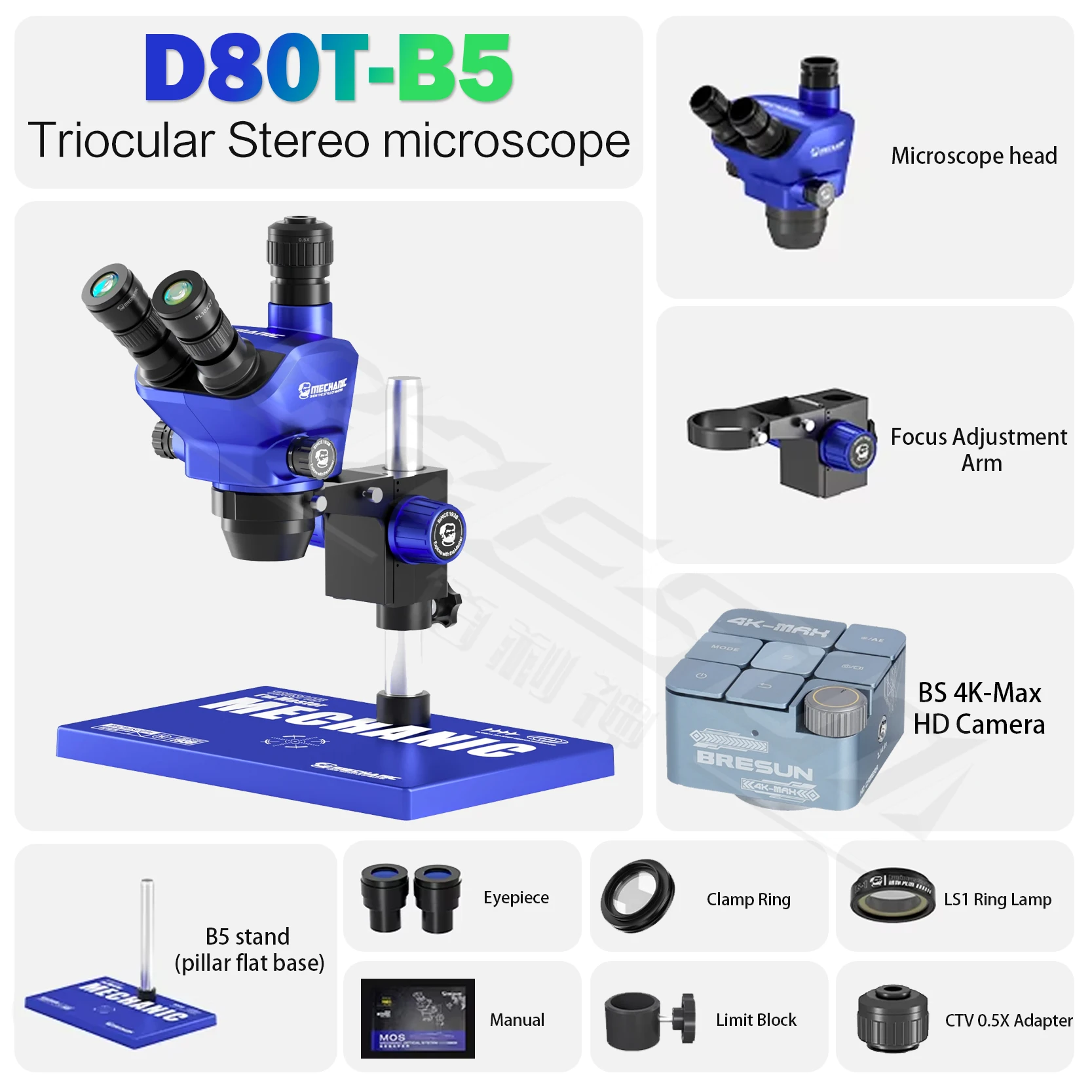 MECHANIC D80T-B5 삼안 실체 현미경 8-80X 연속 줌 PL10x27 광시야 접안렌즈 카메라 어댑터
