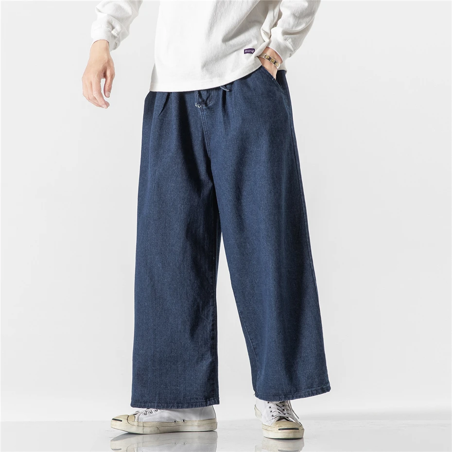 Wide Leg Jeans Men Harajuku Denim Pants Fashion Casual Loose Jeans Male Solid Color Denim Pants Blue