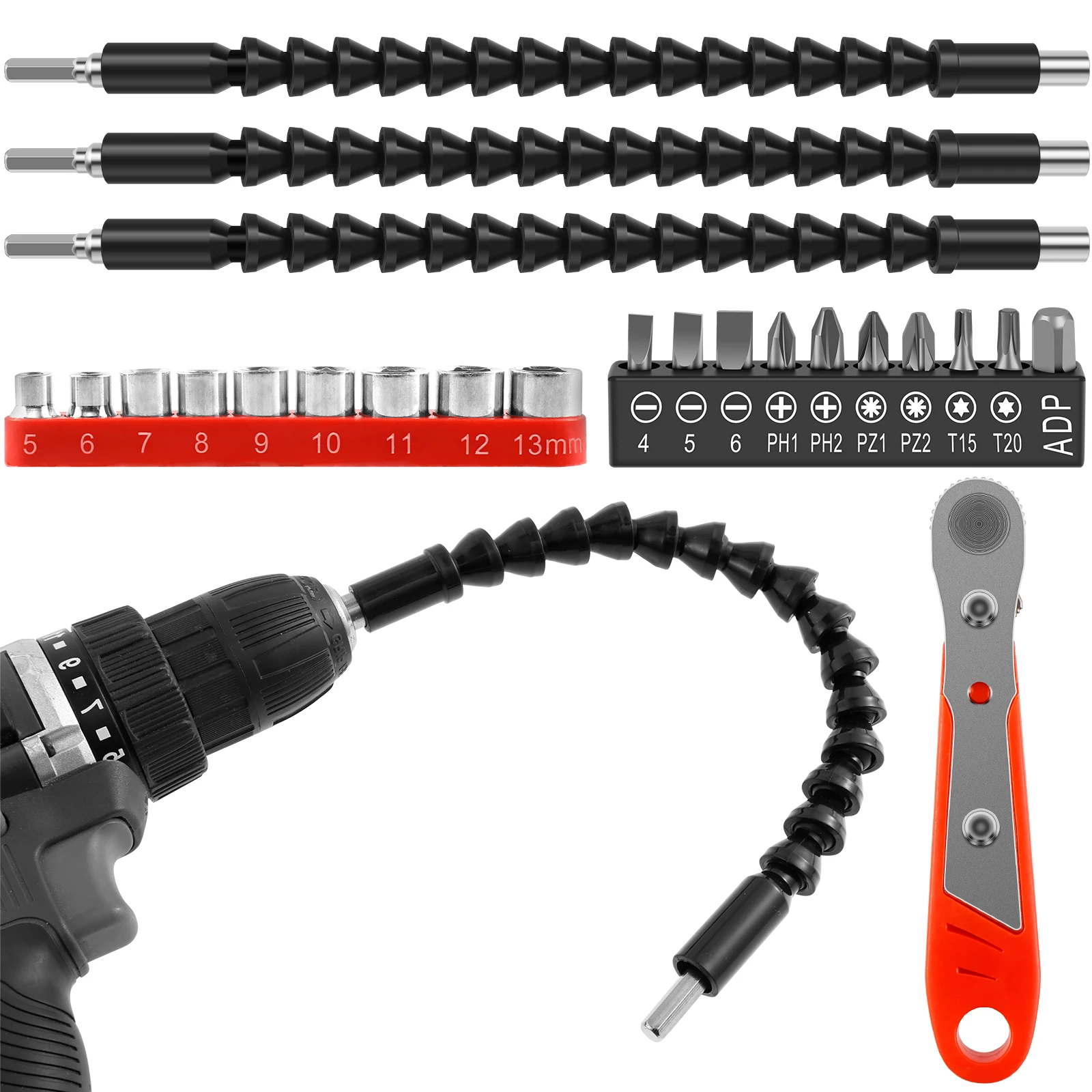 

Flexible Shaft Drill Bit Extension Set Bendable Soft Shaft Screwdriver Kit with 10 Screwdriver Bits 9 Sockets and 1 Wrench Drill