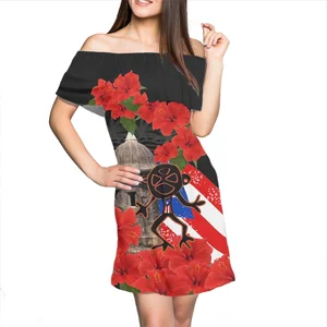 The New 2022 Summer Polynesian Tribal Hawaiian Design Hibiscus Print Women Off Shoulder Dresses Casual Bodycon Short Clothing