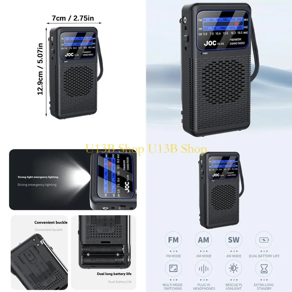 U13B 배터리 작동 라디오 노인 야외 여행을위한 3.5mm 헤드폰 포트 LED 손전등이있는 미니 포켓 FM 라디오