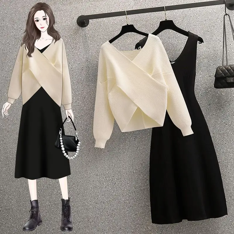 Women's Spring Autumn Outfits 2023 New Fashion V-neck Slim Cross Knitted Sweater+Casual Loose Tank Skirt Two Piece Set Trend