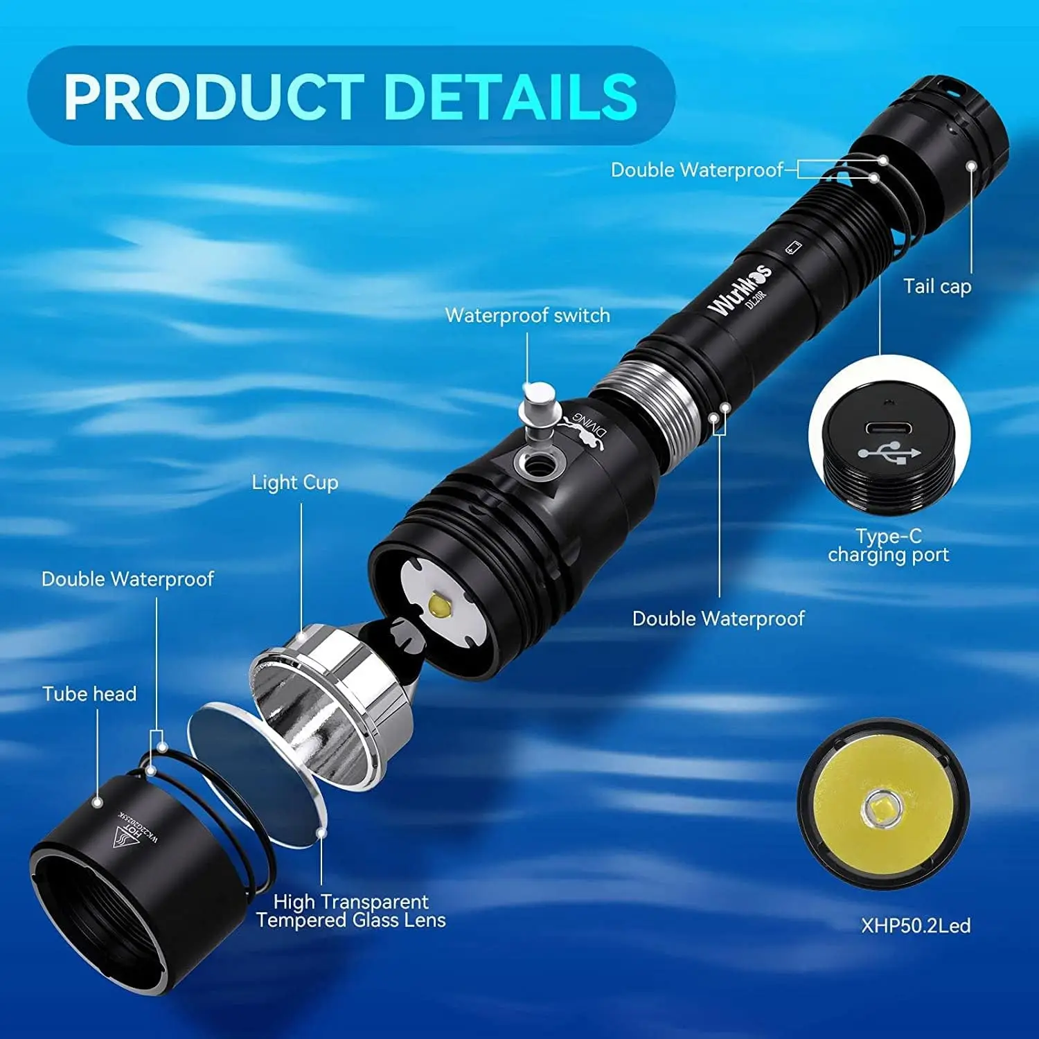 Wurkkos DL20R USB C Rechargeable Diving Light 3200lm XHP50.2 18650 Flashlight Magnetic Control Switch