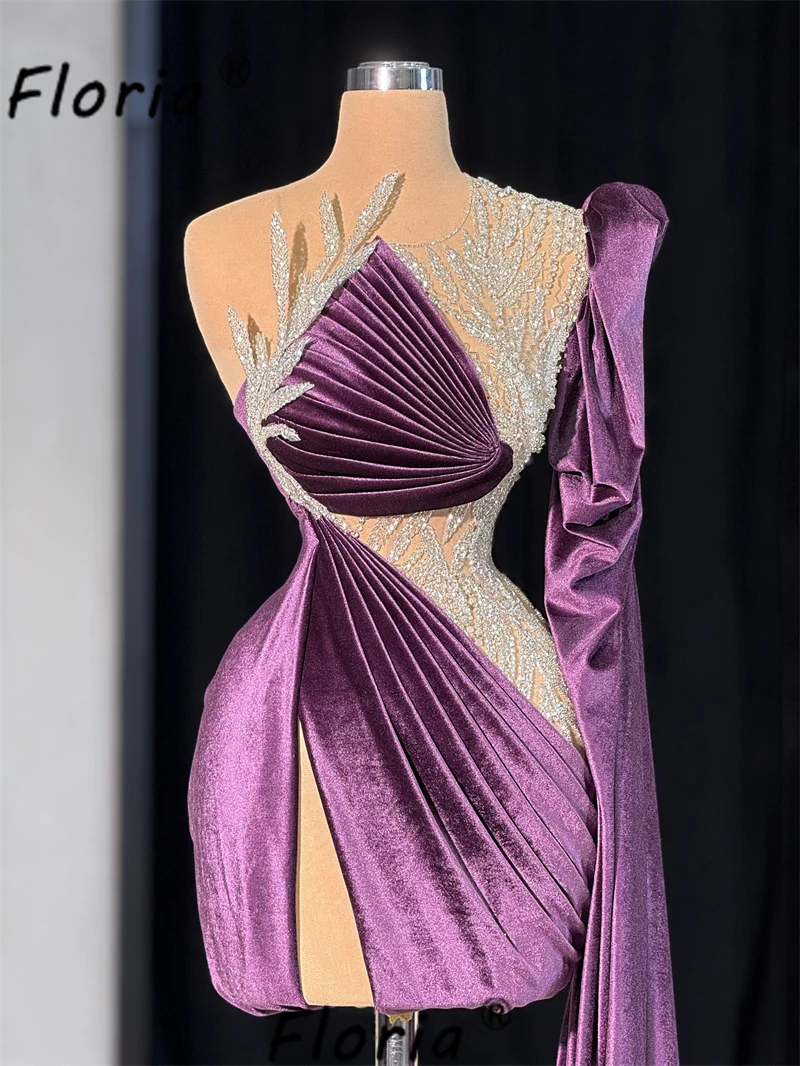 Crystal Bead Cocktail Dress Purple Beaded Single Long Sleeve See Through Prom Dresses Sexy Special Party Homecoming