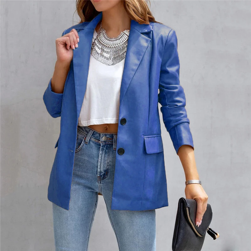 2023 Autumn Women Vintage PU Leather Long Sleeve Elegant Fashion Blazers Female Korean Casual Streetwear Solid Tunic Suit Coats