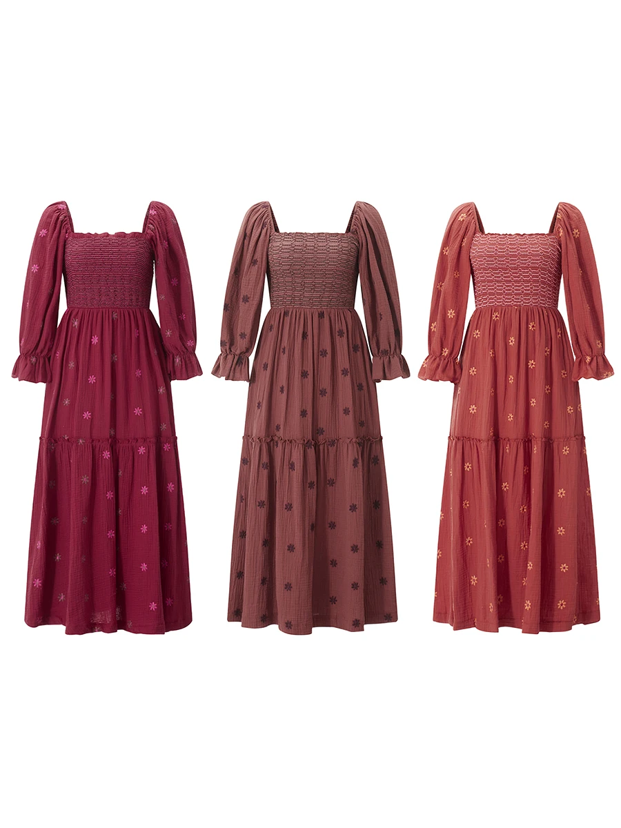 MUADRESS Women’s Long Sleeve Floral Maxi Dress – Square Neck, Tiered Ruffle Hem, Smocked & Flowy