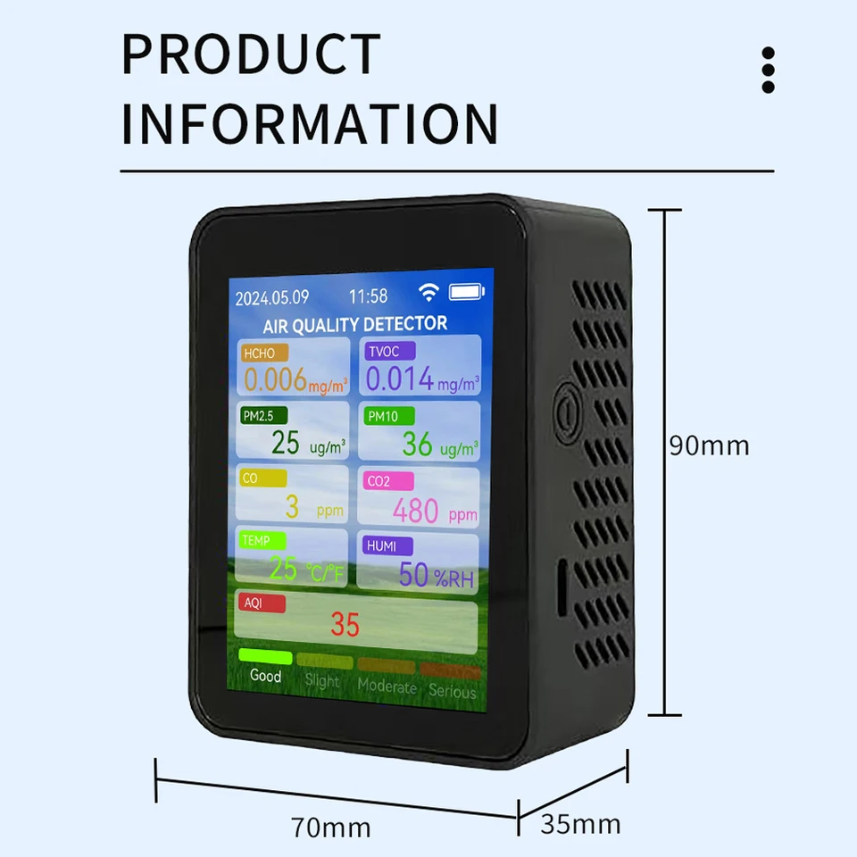 Monitor Qualità Aria 5 In 1 Con Display TFT 2.8″ – TVOC, Temperatura, Umidità, Luce E Pressione, Controllo App Tuya