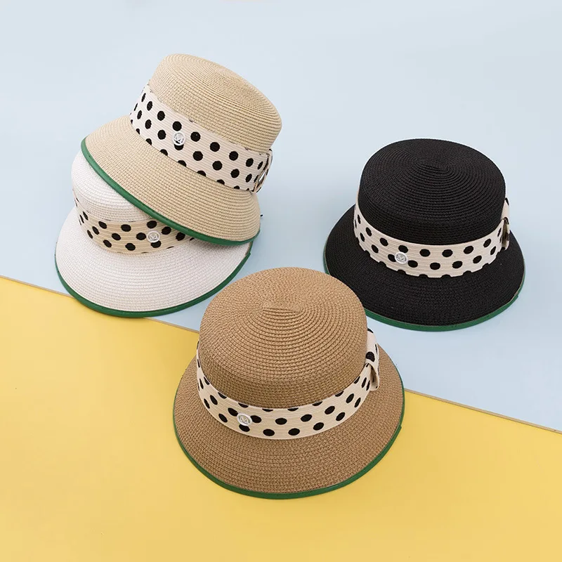 

New Summer Girl Woman Beach Outdoor Sunscreen Casual Fashion Retro Dot Webbing Simplicity Decorate Style Weaving Bucket Cap