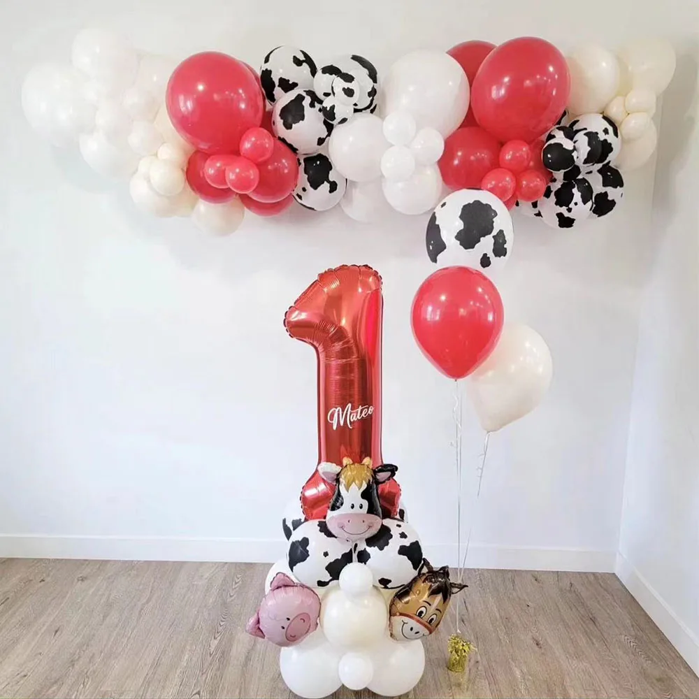 

56pcs Farm Party Decoration 40inch Red Digital Foil Balloon Garland Arched Cow Pig Animal Themed Birthday Party Decorations