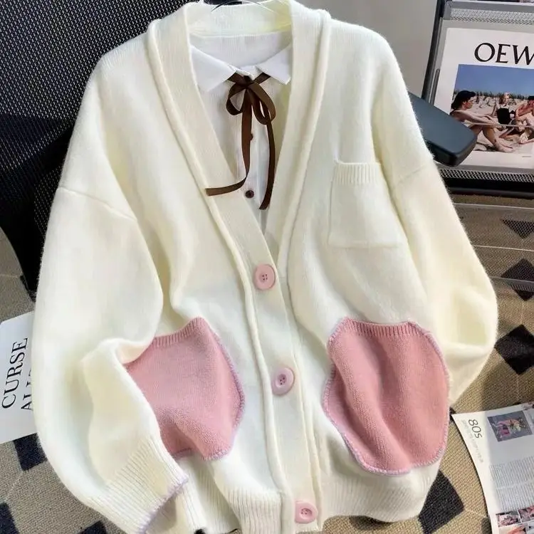 

Hsa Women Winter Y2K Clothes 2023 Long Sleeve Knitted Jackets Loose Pocket Patchwork Chic Streetwear Harajuku Korean Sweater Top