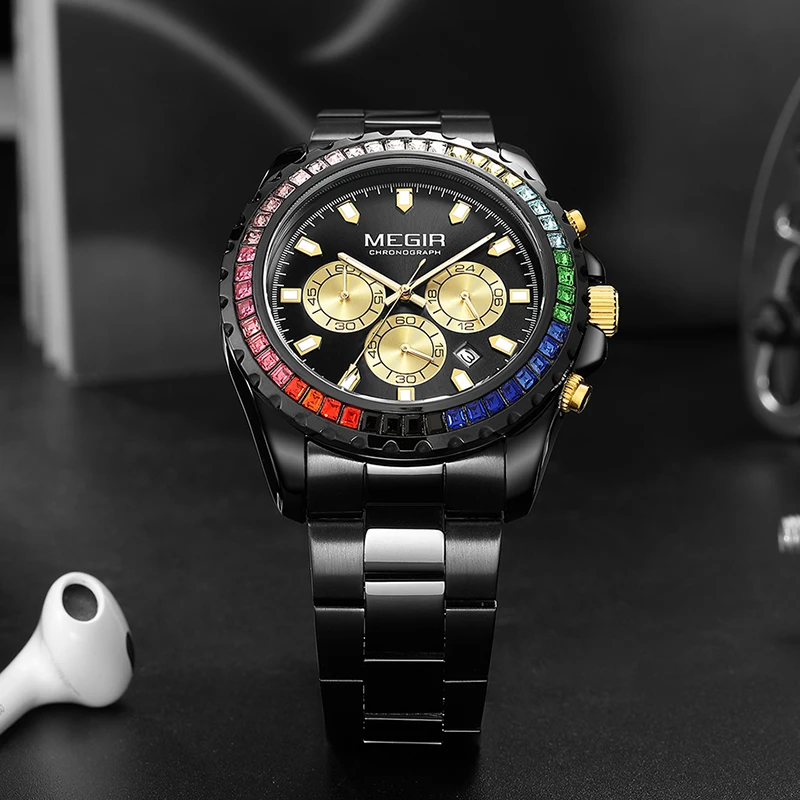 MEGIR Brand Luxury Diamond Stainless Steel Gold Quartz Watch for Men Waterproof Luminous Chronograph Watch Men Relogio Masculino