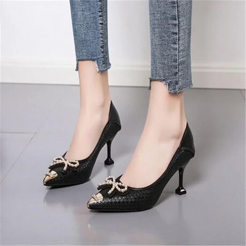 White Shoes Striped Plaid Pointed Toe Stiletto Bow Fashion Pure Desire Nightclub Professional Wear Rhinestone High-heeled 5-7cm
