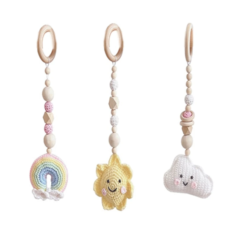 

3 Pcs/Set Baby Gym Frame Pendants Crochet for Sun Cloud Rainbow Rattles Wooden