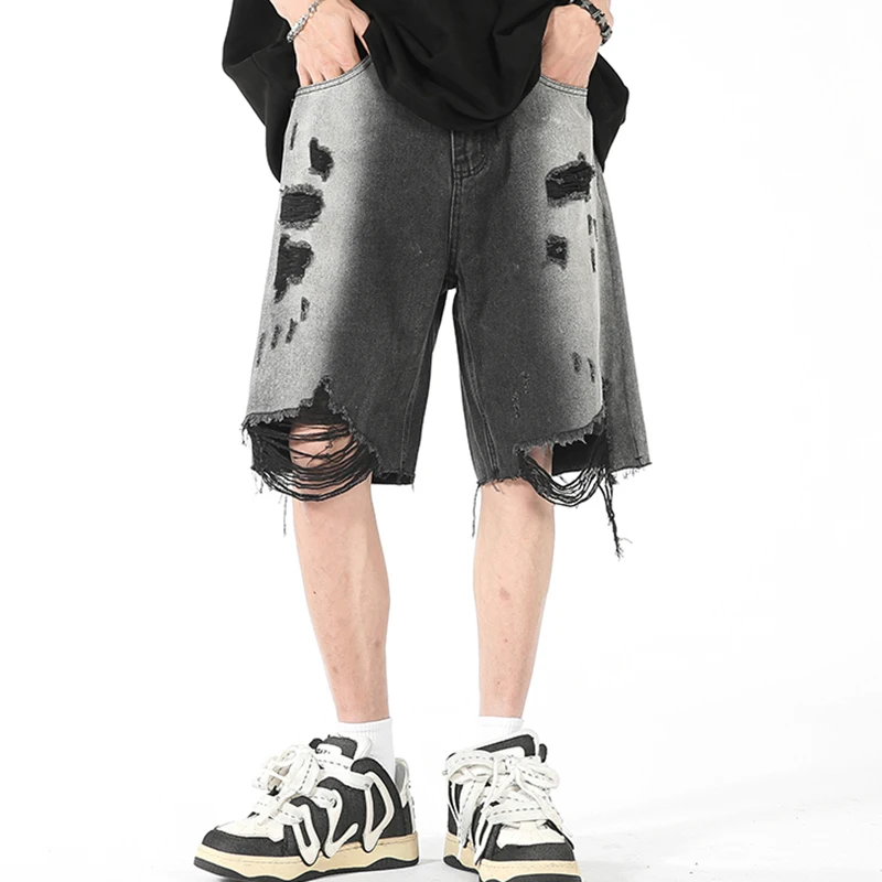 Fashion Loose Spliced Zipper Pockets Tassel Hole Korean Jeans Shorts Men's 2024 Summer New Solid Color All-match Casual Shorts