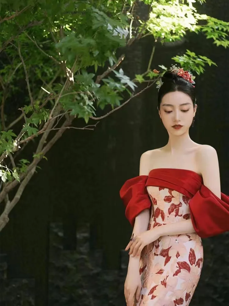 

Off The Shoulder Burgundy Satin Flowers Jacquard Evening Dresses A-Line Boat Neck Backless Party Formal Female Engagement Gowns