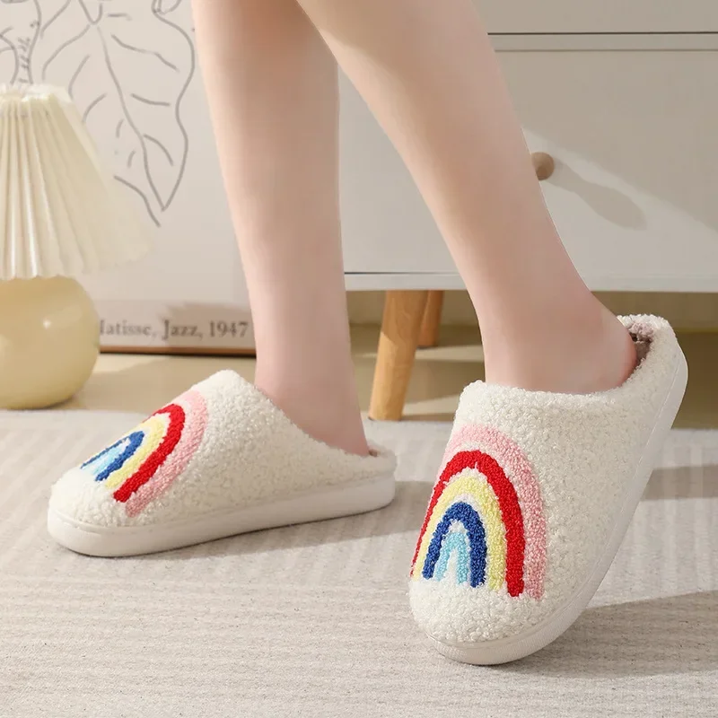 Women Rainbow Slippers Men Retro Preppy Slippers Winter Warm Plush House Fluffy Living Room Shoes Female New Christmas Gifts 2