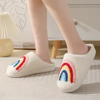 Women Rainbow Slippers Men Retro Preppy Slippers Winter Warm Plush House Fluffy Living Room Shoes Female New Christmas Gifts 2