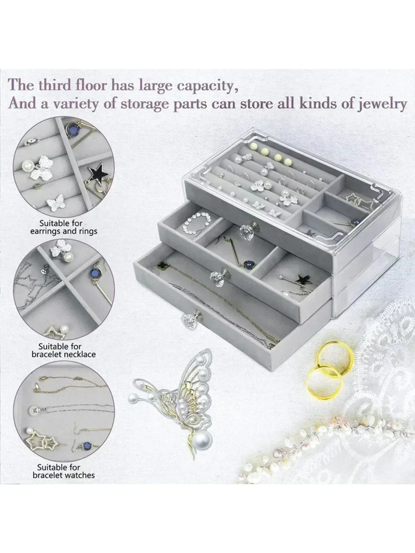 Jewelry Organizer Acrylic Velvet Jewelry Organizer 3 Drawers Stackable Display Storage Earrings Necklace Bracelets Box Holder Case Women