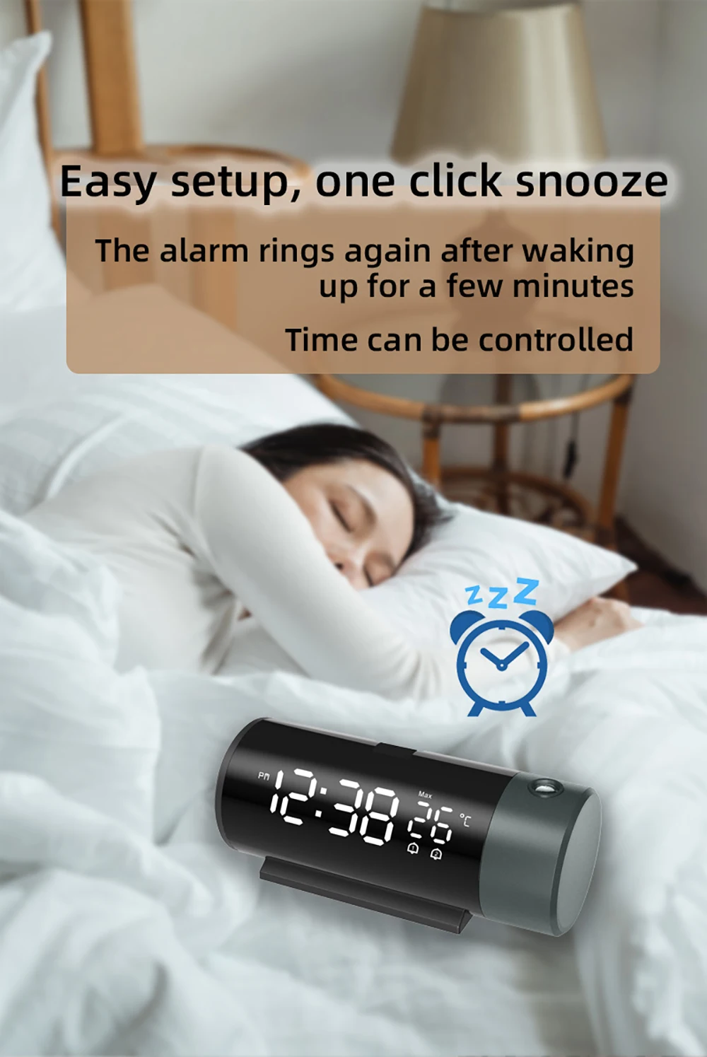 Projection Digital Alarm Clock with 180&deg; Rotatable Projector Clear LED Display 4-Level Brightness Dimmer for Bedroom