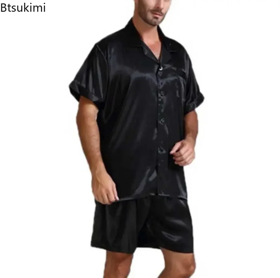 2024 Men's Summer 2Pcs Pajamas Suits Sets Satin Silk Short Sleeve Sleepwear Nightwear Homewear Tops+pants Male Silk Pajamas