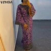 Plus Size VONDA Bohemian Dress 2026 Summer Elegant Women Printing Sundress Vintage Flare Long Sleeve Maxi Vestidos O-Neck Robe
