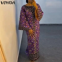 Plus Size VONDA Bohemian Dress 2026 Summer Elegant Women Printing Sundress Vintage Flare Long Sleeve Maxi Vestidos O-Neck Robe