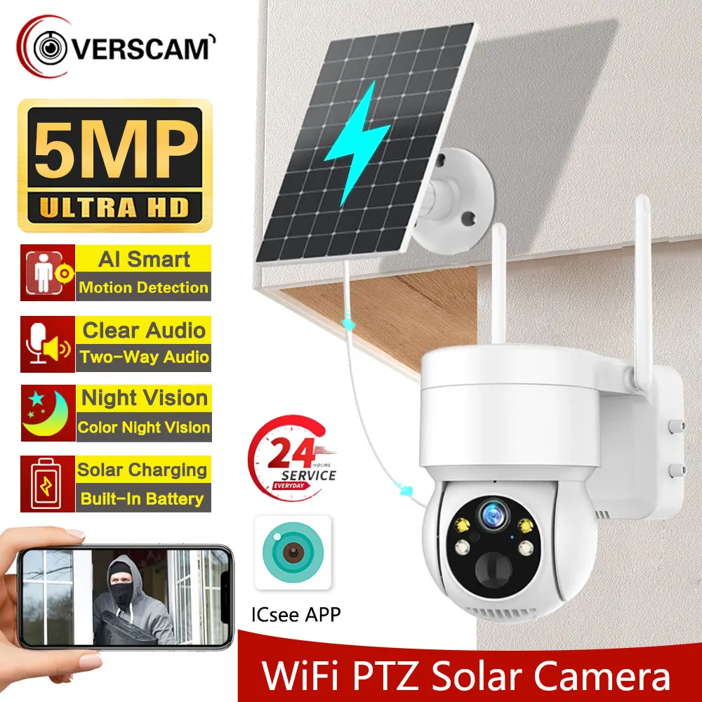 WiFi PTZ Camera Outdoor Wireless Solar IP Camera 5MP HD Built-in Battery Video Surveillance Camera Long Time Standby iCsee APP