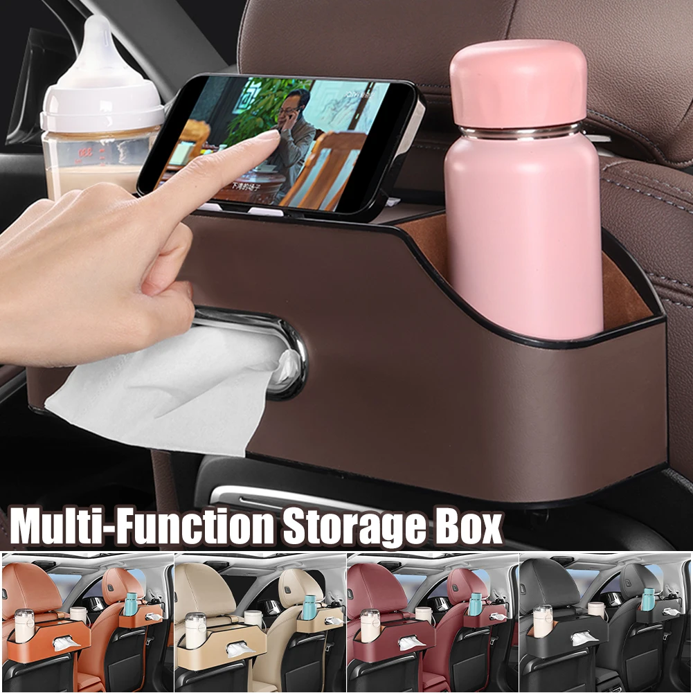 

Universal Car Backseat Organizer Leather Seat Back Headrest Storage Box With Tissue Holder & 2 Cup Holders Car Accessories