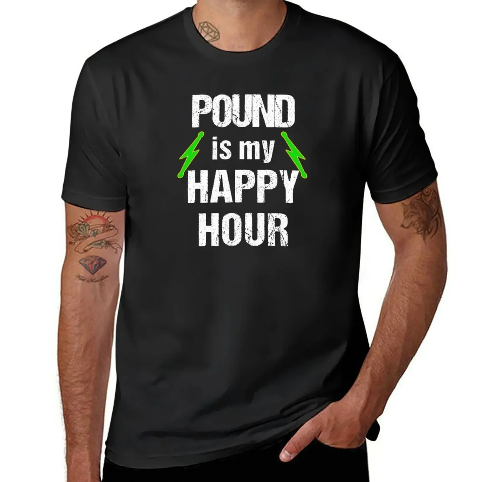 Pound Workout Pound Is My Happy Hour Con Green Lightning Bolt Drum Sticks T-Shirt New Edition Plain Mens Graphic T-Shirt Pack