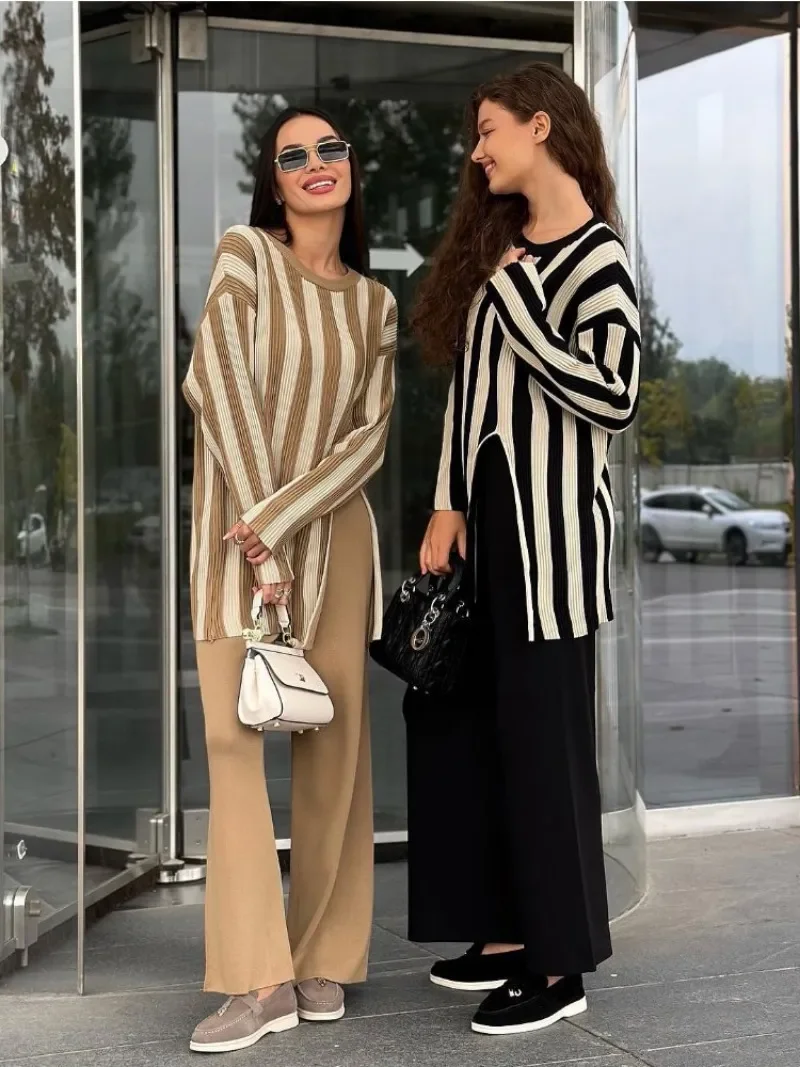 Striped Knitwear Fashion 2 Piece-Set For Women Contrast Long Sleeve Split Straight Trousers Outfits Women's Pants Sets