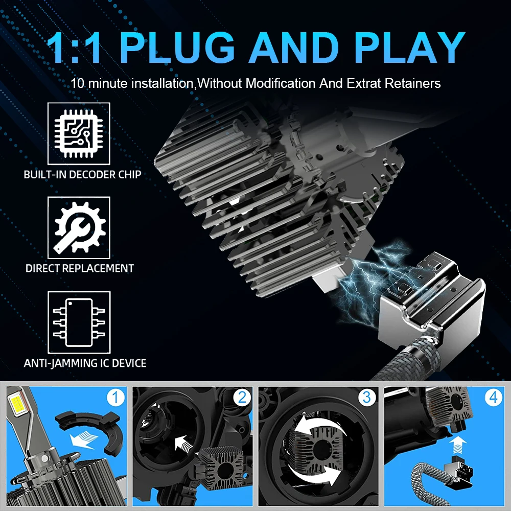 NLpearl 2Pcs D3S LED Headlights D1S D2S D4S D5S D8S Turbo LED Bulb Canbus 60000LM 120W Super Brigh Auto Headlamp HID Lamps 12V