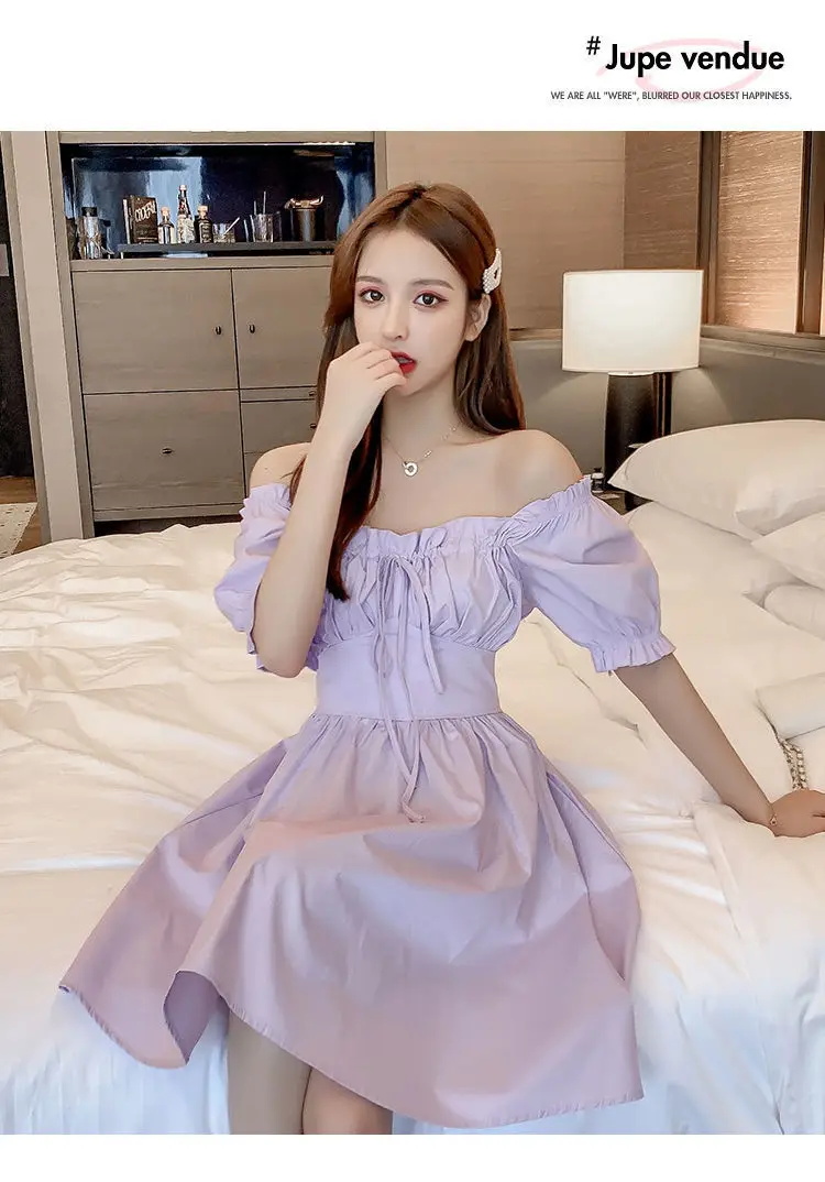 QWEEK Summer Mori Purple Kawaii Dress Women Sweet Wrap Ruched Puff Sleeve Short Dresses 2022 Korean Fashion Kpop Sundress