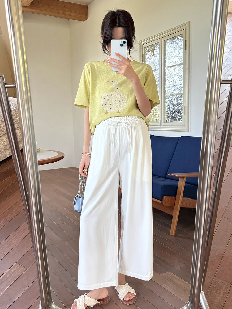 노라퀸 임산부 와이드 레그 팬츠 여름 얇은 스포티 루즈 드로스트링 9부 시뮬레이션 텐셀 아우터 슬리밍