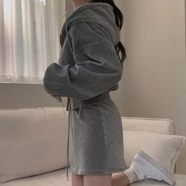Korean CHic Corduroy Two-piece Skirt Sets Women Hoodie Crop Top Coats Bodycon Mini Skirt Autumn Winter New Outfits Casual Suit