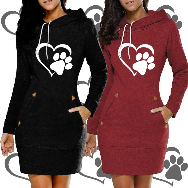 

New Women's Hooded Cat Paw Print Long Sleeve Hoodie Casual Skirt Hooded Pullover Pocket Sweater Dress