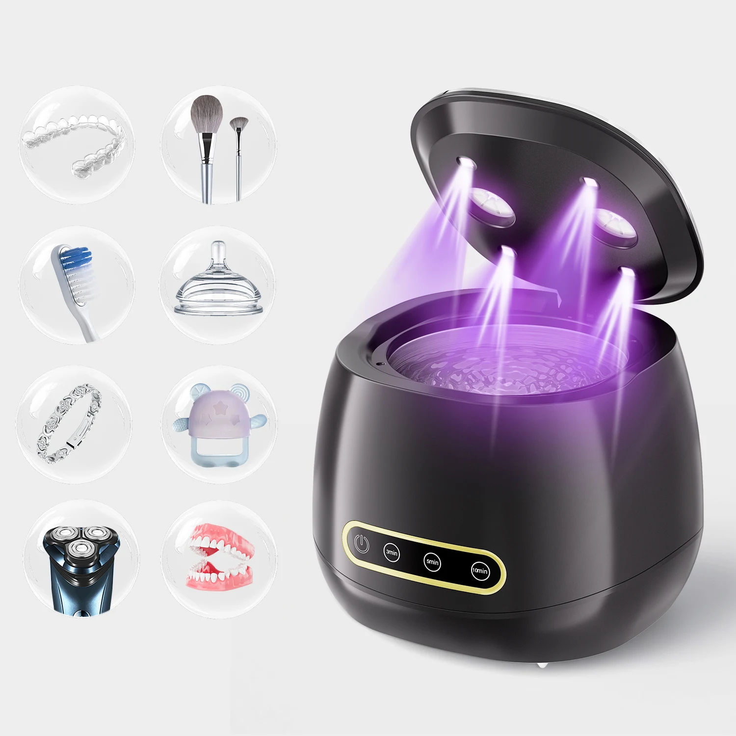 Ultralydsrenser til tandproteser og makeuppensler med timer_voghion.com