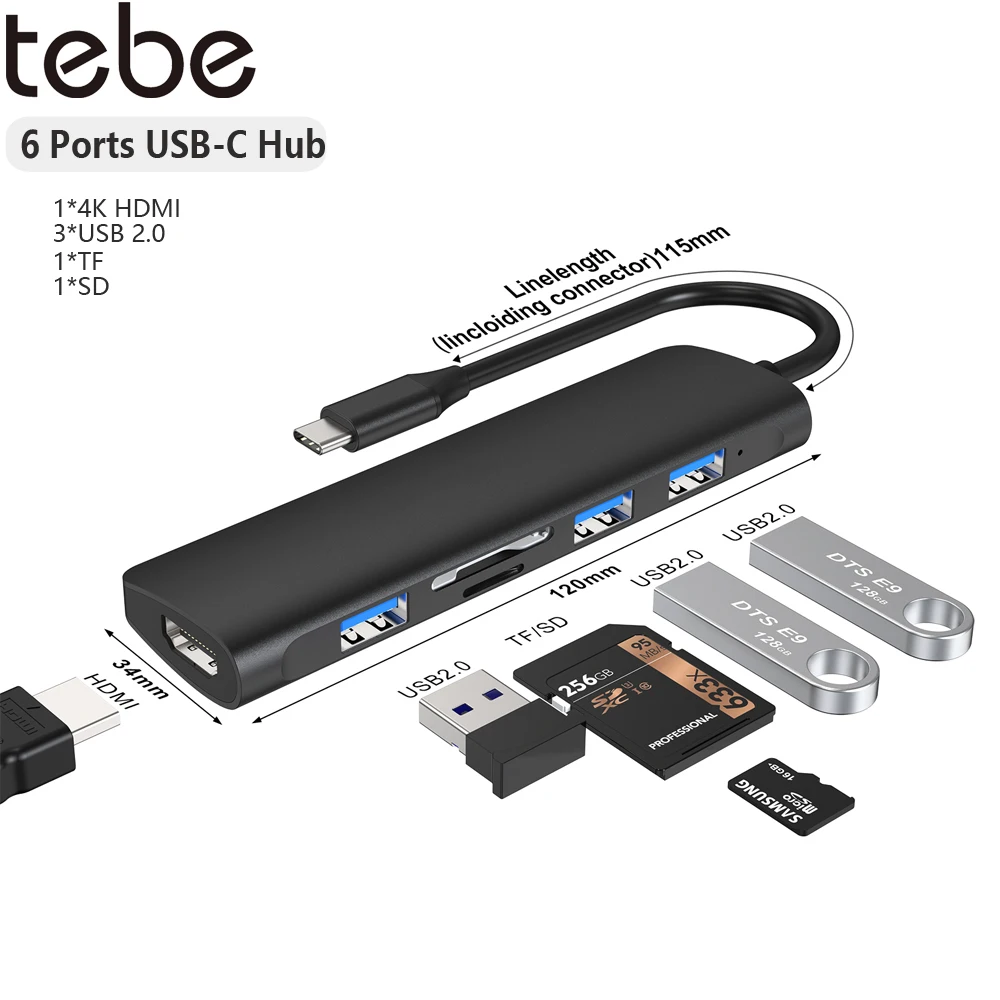 

Tebe 6- IN-1 USB 3.0 Type-c Hub For Macbook iPad USB-C to 4K HDMI-compatible SD/TF Card Reader Mulit-USB 2.0 Data Hub Splitter