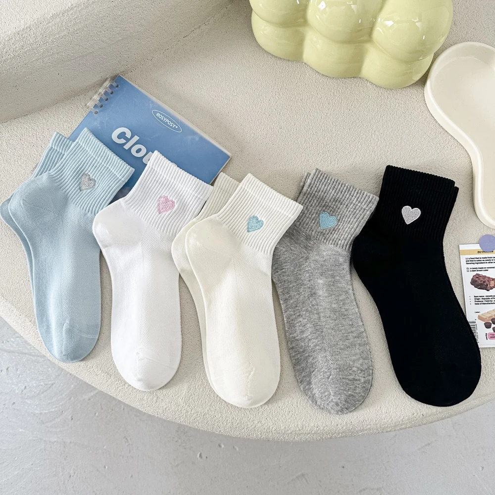 Weiß Frühling Sommer Dünne Atmungsaktive Mesh Herz Stickerei Einfarbig Mitte Rohr Socken Weiche Sport Baumwolle Sokken – Detail 23
