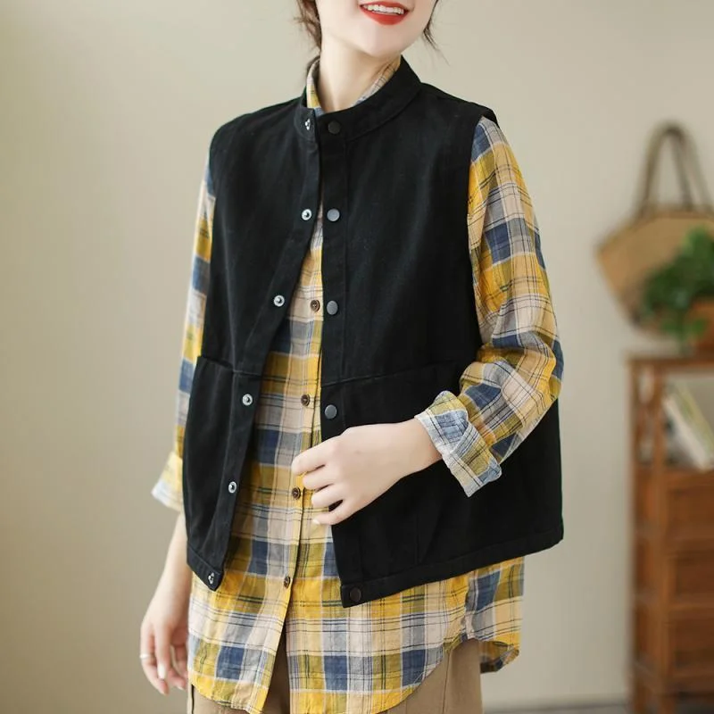 2023 Spring  Autumn New Vintage Art Vest Coat Loose Standing Collar Single Breasted Top Autumn Cardigan