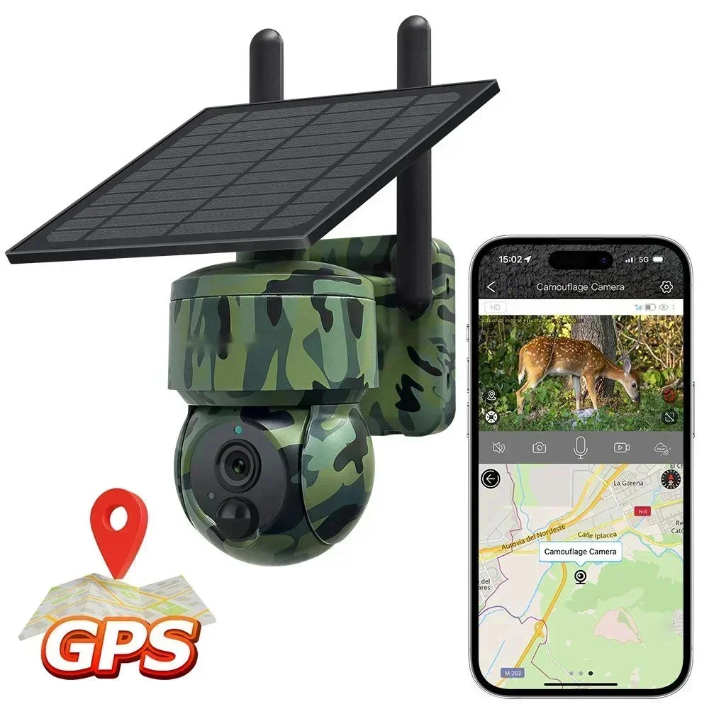 Outdoor Low-power Solar 4G Monitoring Camera Camouflage GPS Positioning Hunting Camera 3MP High-definition Night Vision
