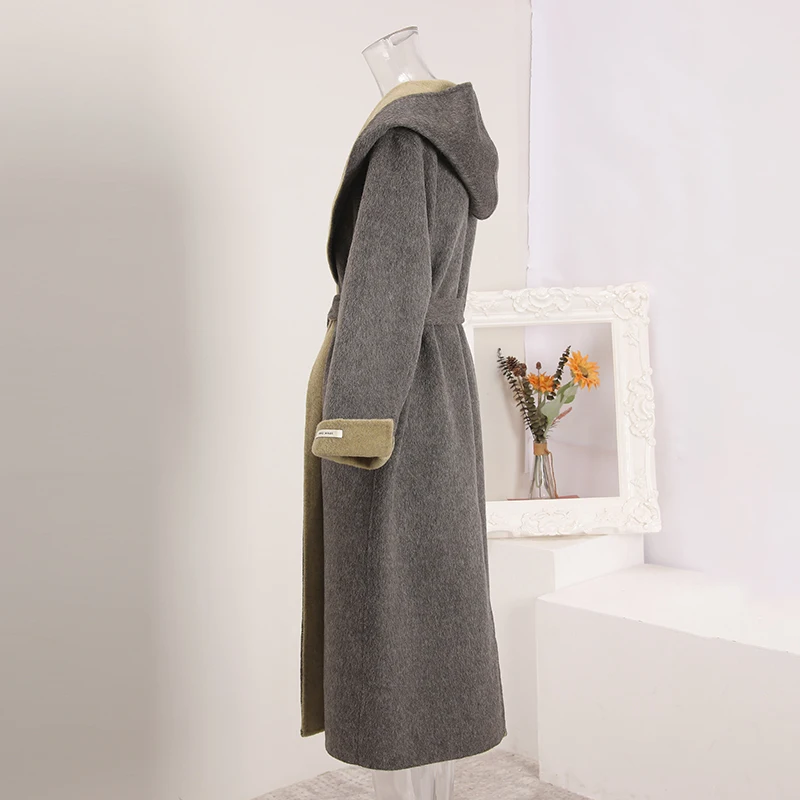 LANMREM Two-tone Hooded Casual Chic Women's Double-faced Woolen Coat autumn Winter Loose Bandage Waist Design Overcoat CPG4198 - Image 2