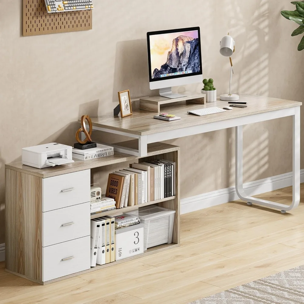 Desk with Drawers, 55 Inch L Shaped Computer Desk with Storage Shelves, Corner Desk with Removable Monitor Stand, Study 4