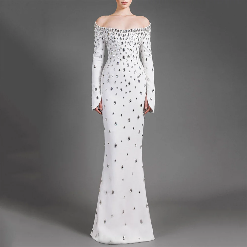 

MOLISA Luxury Strapless Off The Shoulder Full Sleeve Crystal Mermaid Long Evening Dress Floor Length Classy Elegant Prom Gown