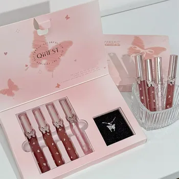 QIBEST New Feather Butterfly Soft Color Lip Makeup Kit Include 3*Matte Liquid Lipstick And 1*Lip Oil Cosmetics Set With Necklace