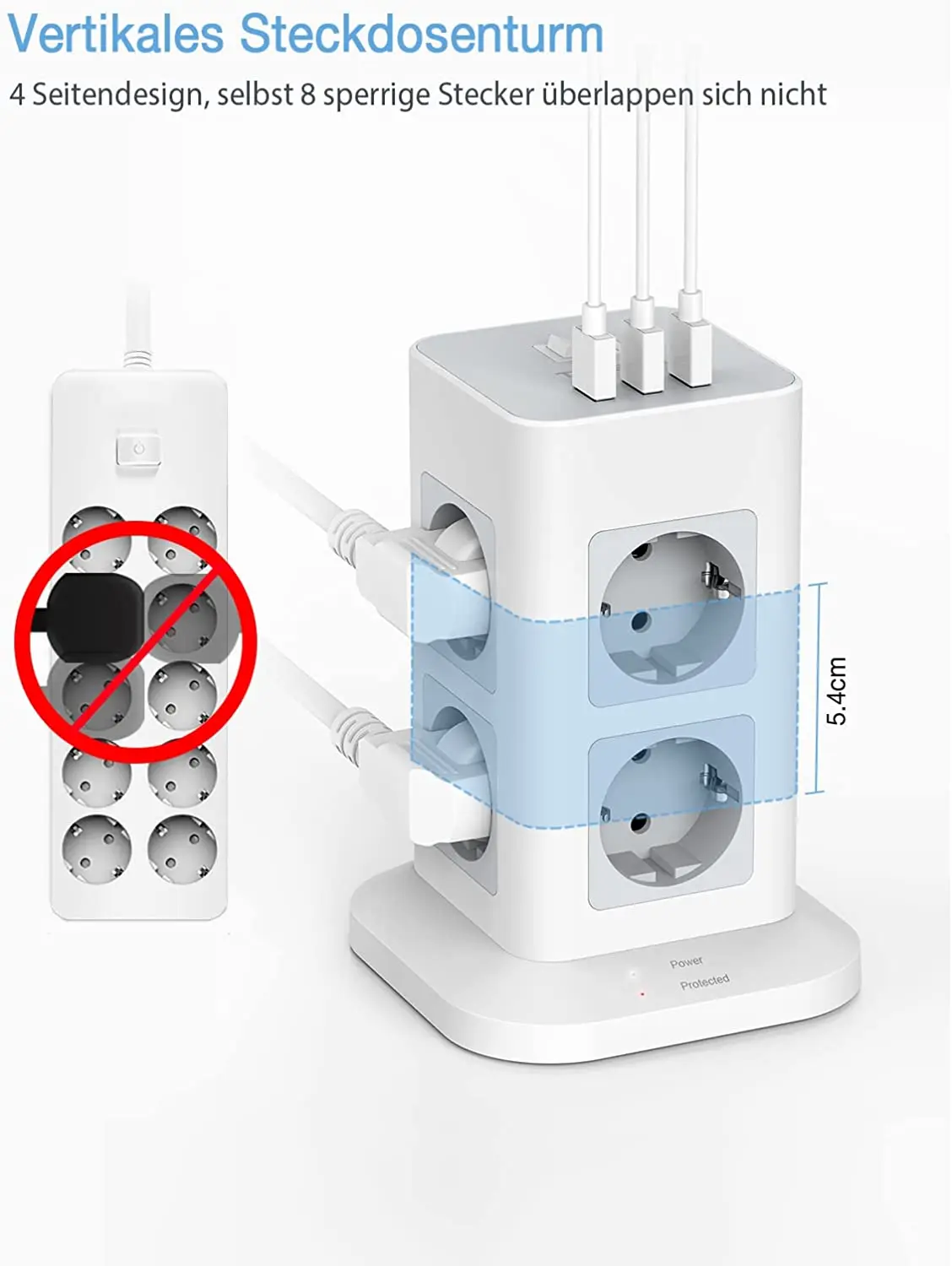 TESSAN-Faixa de alimentação vertical com USB, cabo