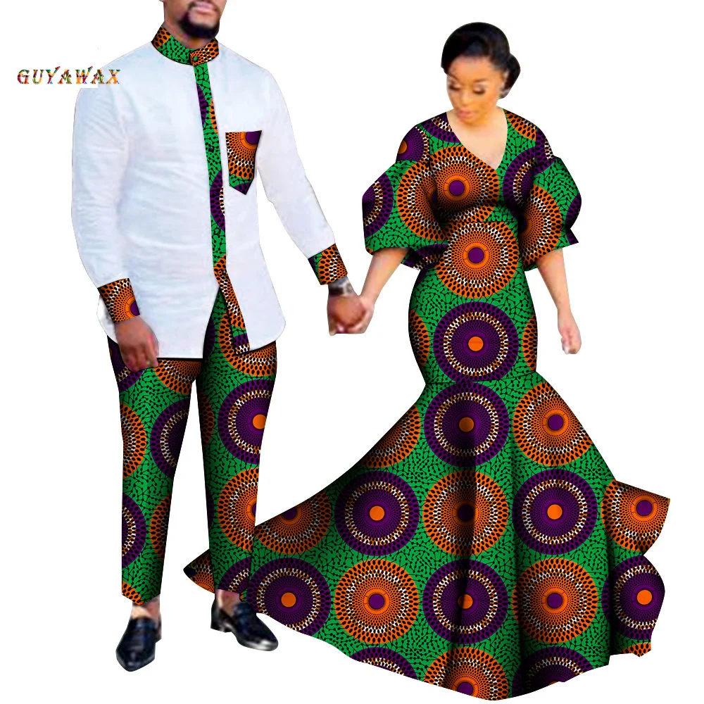 Bazin Riche Wedding African Dashiki Print Couple Clothing for Lovers Men Top Pants Set and Women Puff Sleeve Party Long Dress