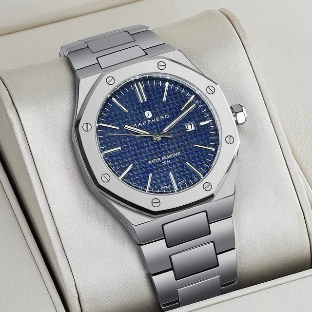 SAPPHERO montre pour hommes, bracelet en acier inoxydable, conception résistante à l'eau, calendrier automatique, cadeaux de fête, horloge boîte cadeau exquise 1